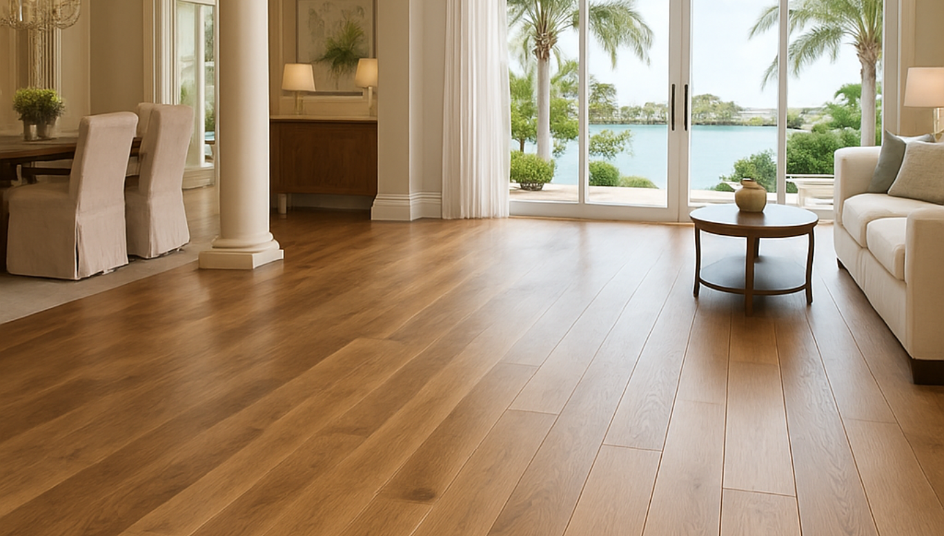 Beautiful refinished hardwood floors in elegant living room