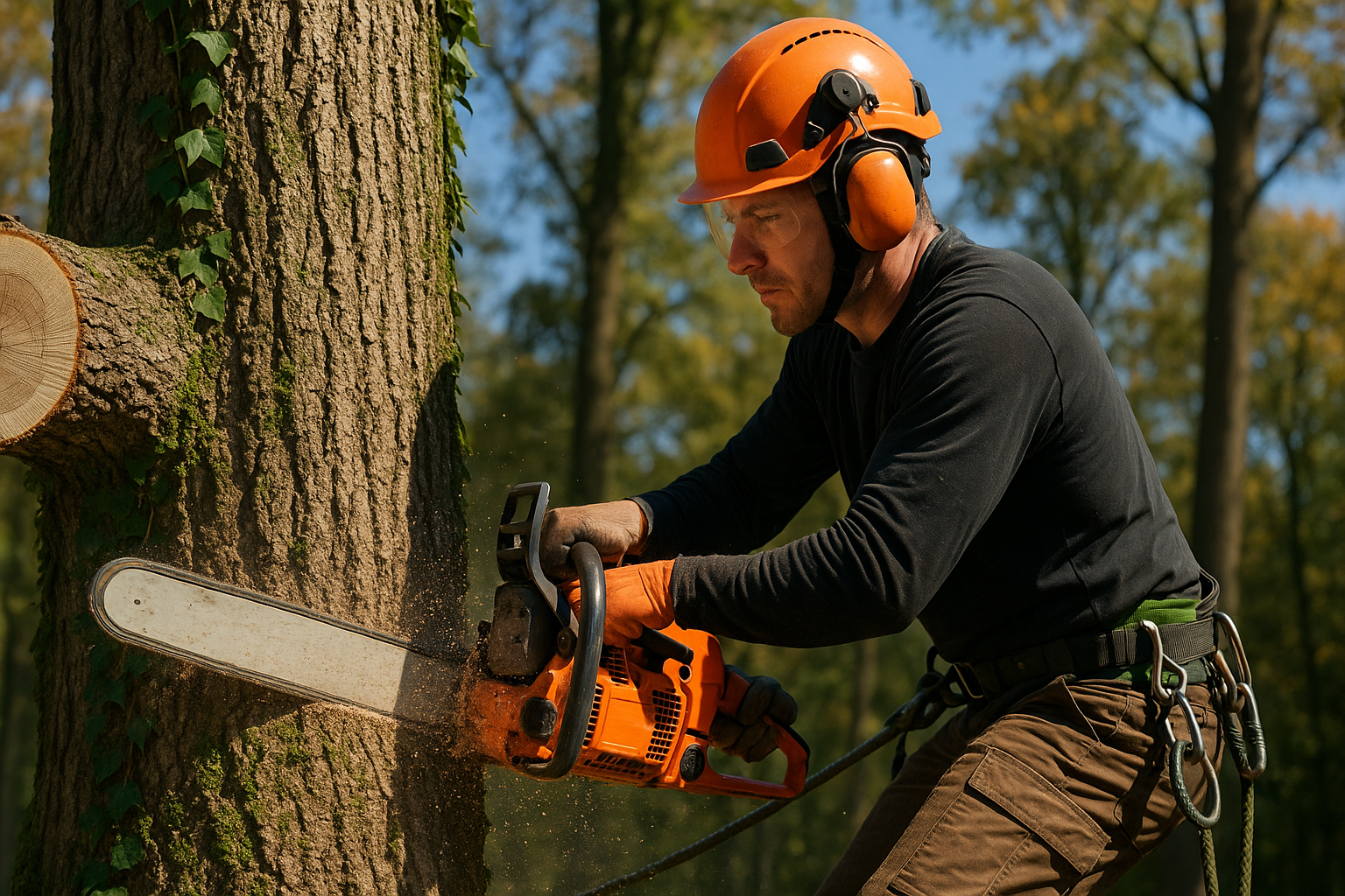 Professional tree removal team using SafeDrop method with ground protection